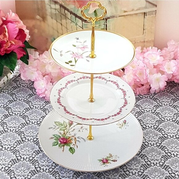 Handmade Pink Floral 3 Tier Cake Stand, Afternoon Tea Dessert Sandwich Tray Gift - Picture 7 of 10